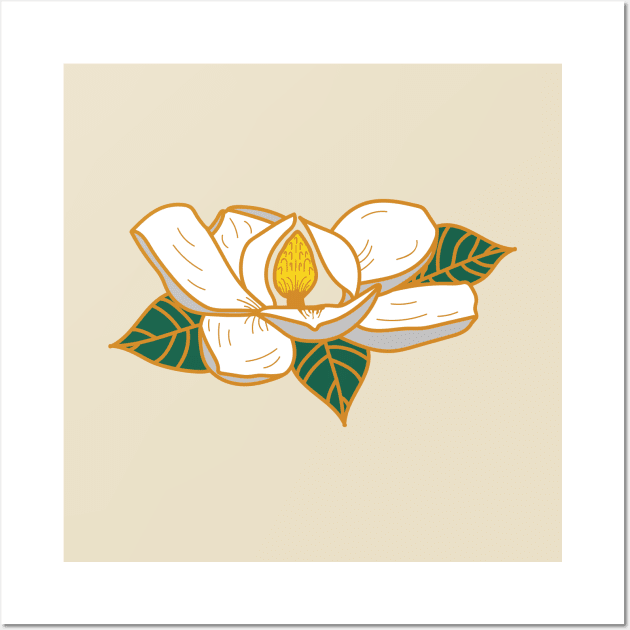 Farmhouse Floral White Magnolia Flower with Green Botanical Leaves and Gold Copper Outline Wall Art by Little Shop of Nola